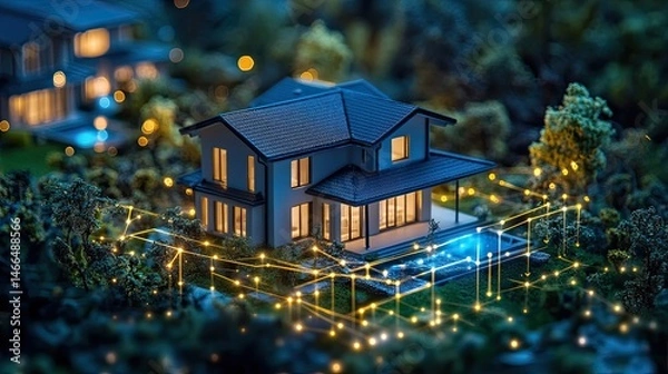 Fototapeta A model house with a dark roof and glowing windows surrounded by glowing lines and blurred background