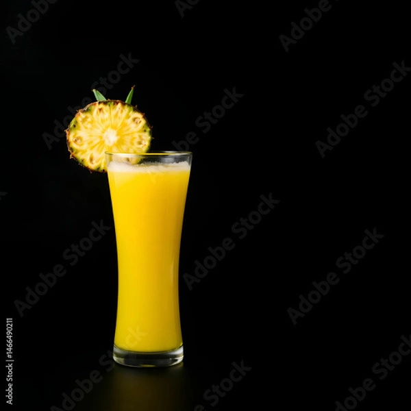 Obraz A vibrant glass of pineapple juice with ice sits against a smooth gradient background, highlighting its refreshing and tropical essence, perfect for summer.