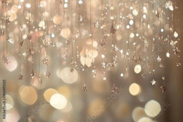 Fototapeta Shimmering abstract particle curtain, beads and stars floating in light, magical tone