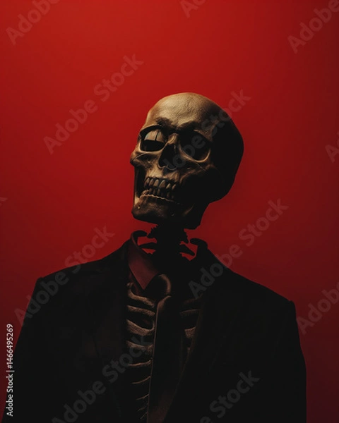 Obraz Skeleton in a suit against a rich red backdrop, creating a striking image for unique design needs. Generative AI