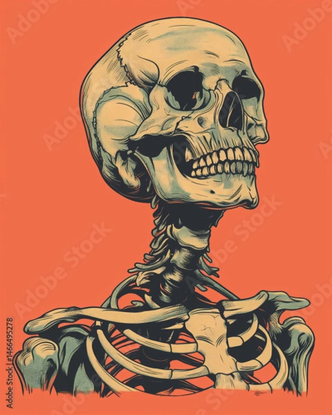 Fototapeta An artistic illustration featuring a detailed depiction of a human skeleton on a vibrant orange backdrop. Generative AI
