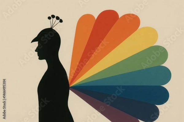 Fototapeta Silhouette of a Person Displaying Colorful Peacock Feathers  