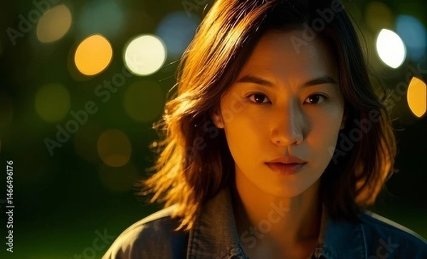 Fototapeta A Portrait of a Woman's Face Captured with Soft, Warm Light and a Pleasing Bokeh Effect in the Background