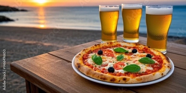 Fototapeta Slices of Pizza and Bottles of Beer Enjoyed on a Beach as the Sun Sets Over the Ocean