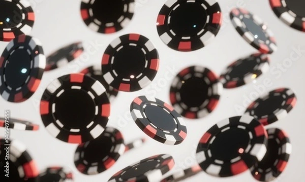 Fototapeta Numerous Casino Playing Chips Scattered Randomly Across a Surface with a Brightly Lit Background