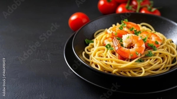 Fototapeta A Ceramic Bowl Filled with Spaghetti, Cooked Shrimp, and Diced Tomatoes Resting on a Surface