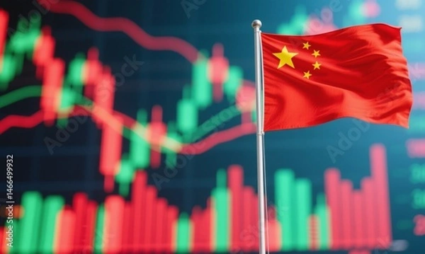 Fototapeta The National Flag of China Displayed Beside a Chart Illustrating Stock Market Data and Financial Trends