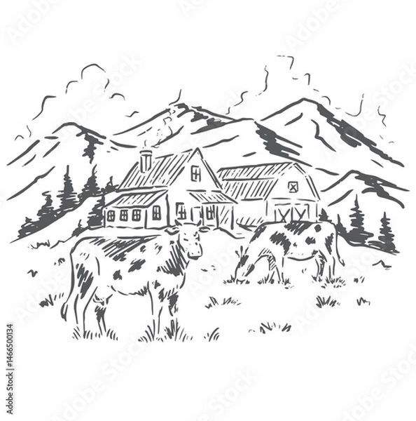 Fototapeta cool mountainside farm vector sketch
