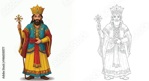 Fototapeta Majestic King Illustration: A regal illustration of a king in ornate robes and crown, holding a scepter, presented with a color version and a line art version for versatile use. 