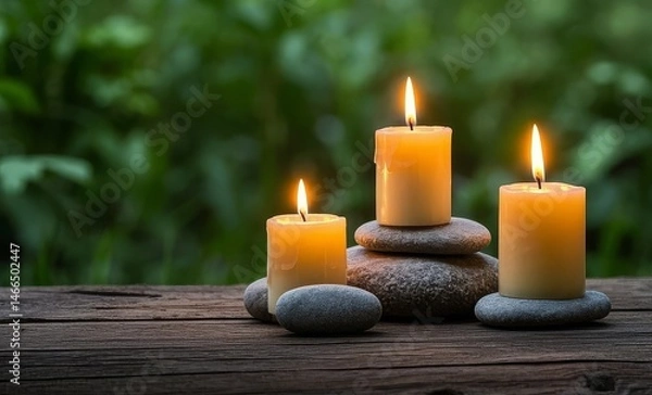 Fototapeta Three Candles Burning Steadily Positioned on a Mixture of Natural Stones and a Section of Rough Wood