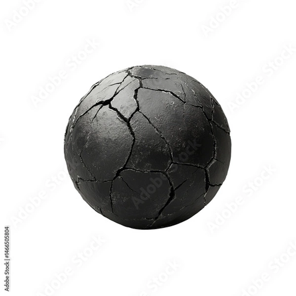 Fototapeta cracked black sphere with rough texture, showcasing weathered appearance. surface features deep fissures and uneven finish, evoking sense of age and wear