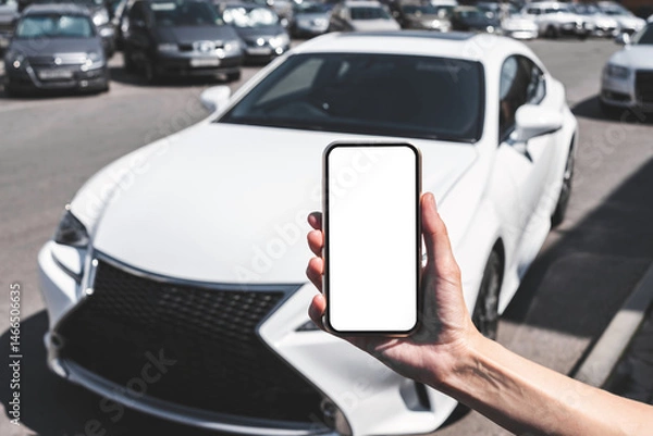 Obraz Close-up Mock-up of a smartphone in a woman's hand. Background of auto market. Concept of Buying and Renting cars.