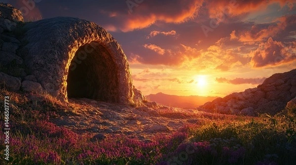 Obraz An artistic depiction of the empty tomb of Jesus at sunrise. 