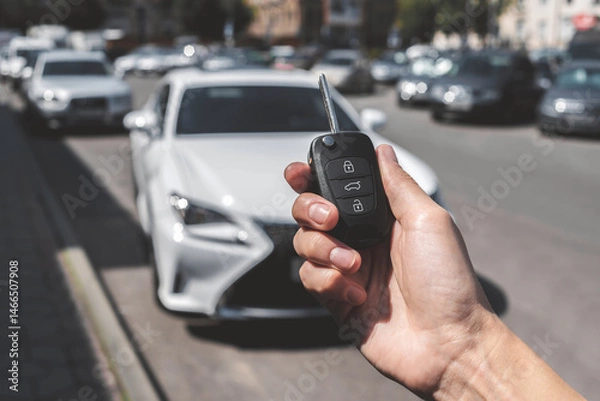 Obraz Close-up of a woman unlocking a car using a key fob, with a white car parked in a car park in the background.
