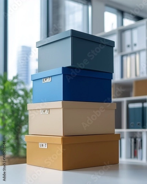 Obraz Stacked Boxes in Office: A clean, organized office scene showcases a stack of stylish, color-coordinated boxes on a tabletop, with natural light illuminating the scene.