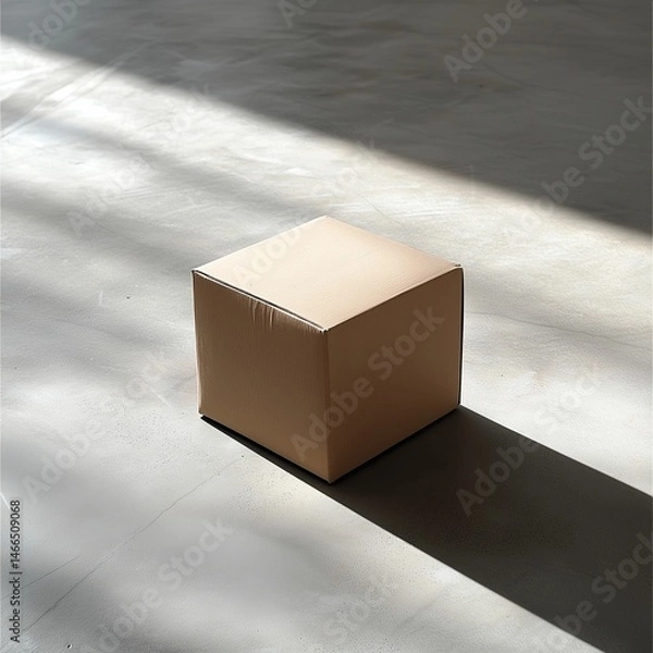 Fototapeta Cardboard Cube on a Cement Floor: A single, unassuming cardboard cube sits illuminated, casting a striking shadow on a stark cement floor, creating a minimalist.