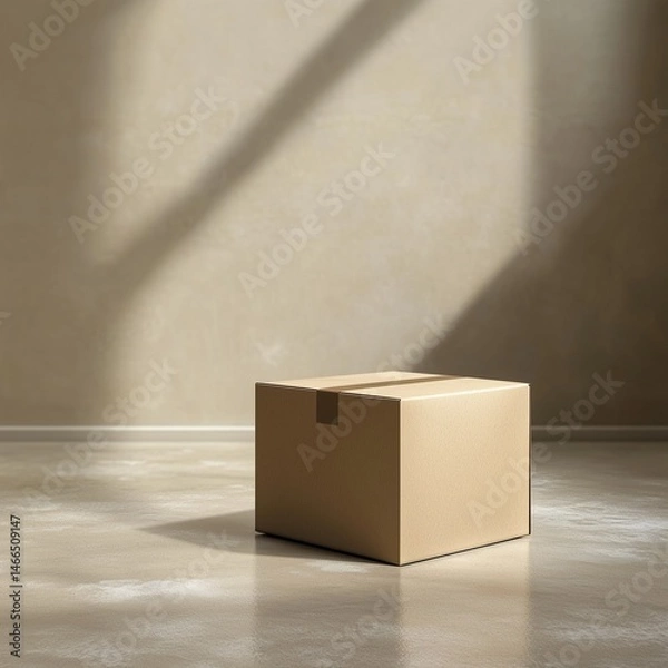 Fototapeta Cardboard Box in Minimalist Room: A minimalist composition centers around a single, unopened cardboard box, casting a long shadow against a neutral wall and simple floor.