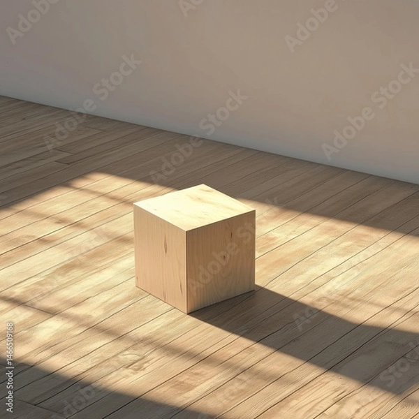Obraz Cube in Light: A minimalist view showcases a wooden cube illuminated by natural sunlight, with a sense of calm in simple modernism.