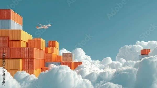 Fototapeta A plane flies above colorful shipping containers amidst fluffy clouds, blending industry with a dreamlike sky.