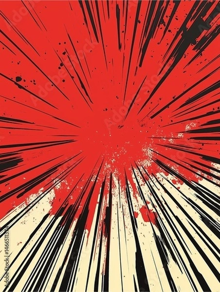Obraz Abstract Radial Burst: A dynamic and abstract design featuring a radial burst of black lines converging towards a red center, punctuated by black splatters.