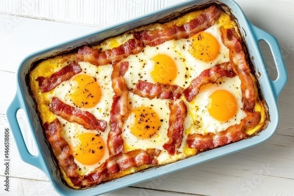 Fototapeta Baked eggs with bacon and polenta