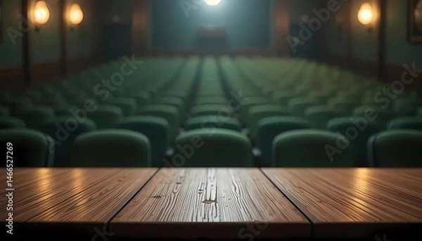 Fototapeta Wooden table with blurred background of movie theater. Generative ai