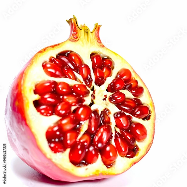 Obraz Fresh sliced pomegranate against white cutting board background