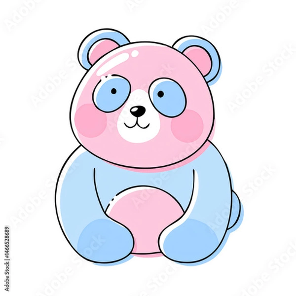 Fototapeta Cute cartoon panda bear with pink and blue colors, round shapes, and a friendly expression.