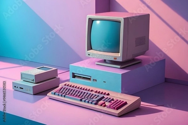 Obraz Retro Pastel Vintage Computer Setup – Aesthetic Tech Scene in Blue, Pink & Purple