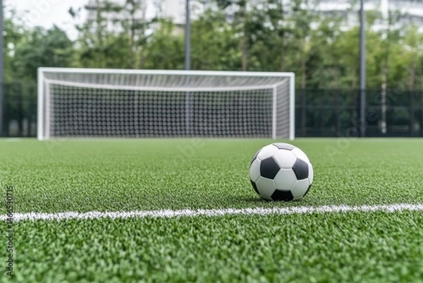 Fototapeta A soccer ball on the field near the white line and goal net with trees in the background outdoors