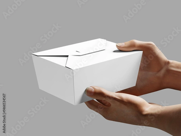 Fototapeta White Blank Hand Holding Lunch Box Mockup Food Packaging 3D Rendering
