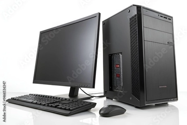 Obraz Modern Black Desktop Computer Setup with Monitor, Keyboard, and Mouse on White Background