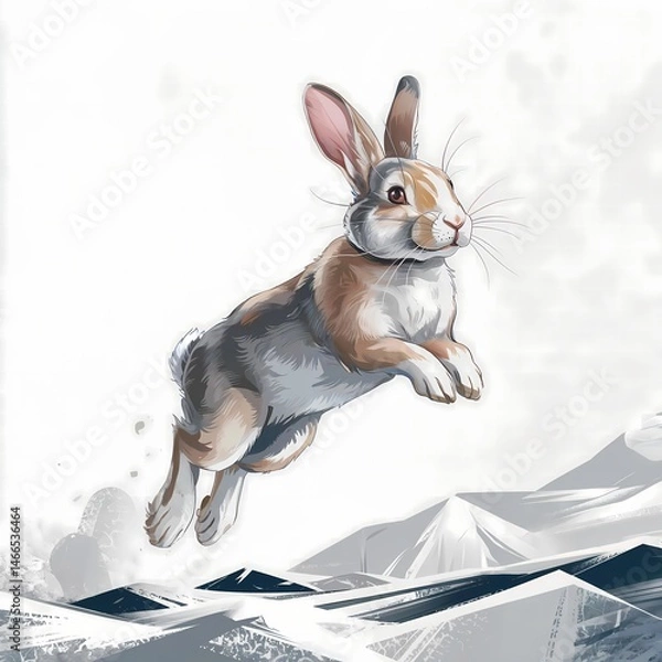 Fototapeta A digital painting depicts a Dutch rabbit in mid-air during a jump, set against a pristine white backdrop