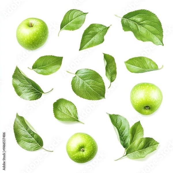 Obraz Fresh green apples and leaves isolated on white background healthy food fruit diet vitamins detox organic