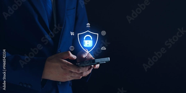 Fototapeta Network security system, businessman using safety app on smartphone, personal information and cyber security Tech Services, Internet safety, Digital online protection.