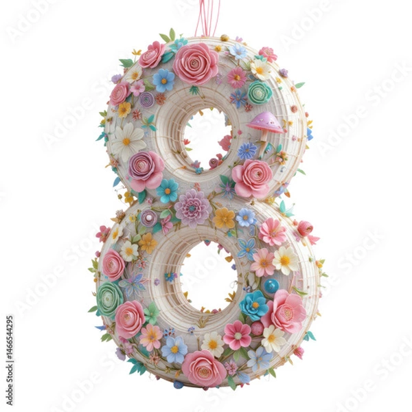 Obraz Colorful Floral Number Eight Cake with Decorative Flowers and Mushrooms on a Black Background