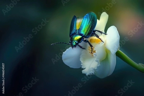 Obraz A vibrant iridescent beetle rests gracefully on a delicate white orchid blossom.