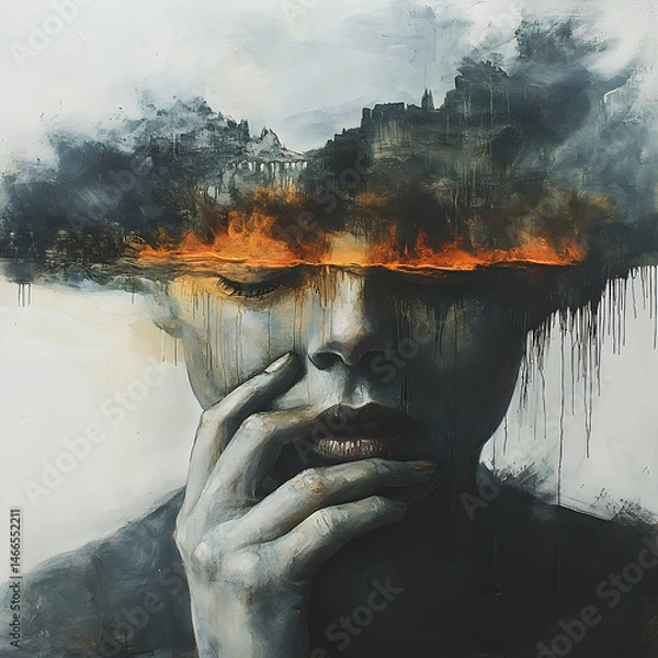 Obraz Abstract artwork of a pensive figure with a burning horizon.