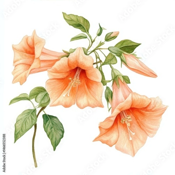 Obraz Delicate Watercolor Painting of Peach Coloured Angel Trumpet Flowers and Buds on Stemmed Leaves