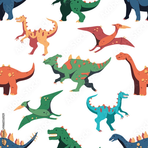Fototapeta Dinosaurs vector cartoon seamless pattern on a white background.