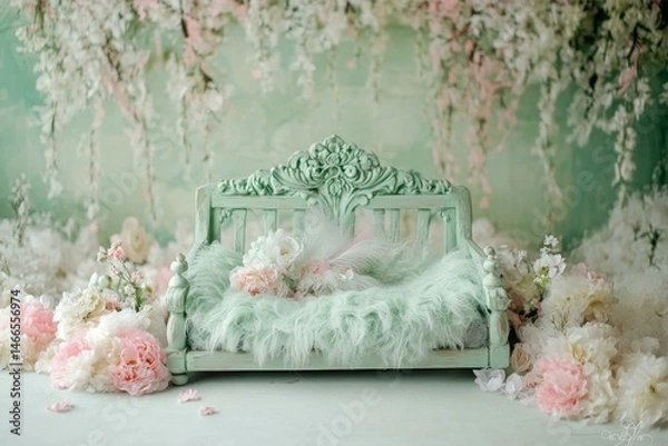 Obraz Ornate Baby Bed Amidst Cascading Floral Display Creates a Serene and Elegant Nursery Scene