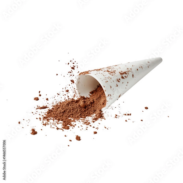 Obraz white paper cone spills cocoa powder, creating dynamic and messy scene. rich brown color of cocoa contrasts with white cone, evoking sense of indulgence and creativity in baking or cooking