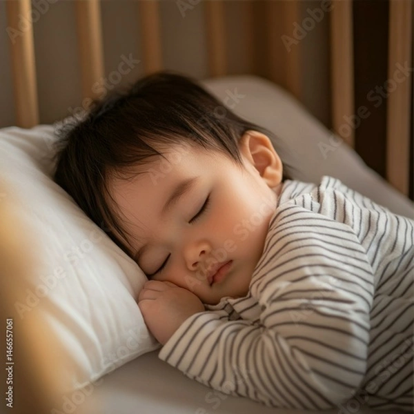 Obraz Peaceful Slumber Little One Baby Dreaming Soundly on Pillow in Crib Showing Innocence Child