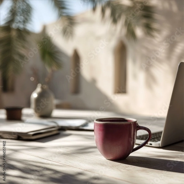 Obraz Red Coffee Cup Next to Laptop on Table in Sunlit Outdoor Setting with Botanical Backdrop