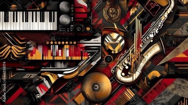 Obraz Rhythmic Fusion Abstract Musical Composition Art with Keyboard Brass and Vibrant Color Palette