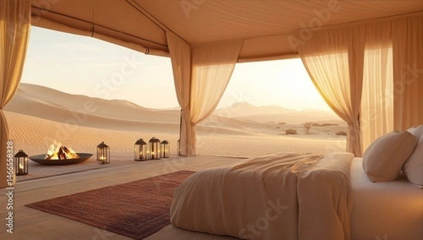 Obraz Serene Desert Oasis Tent with Fire Pit at Sunset