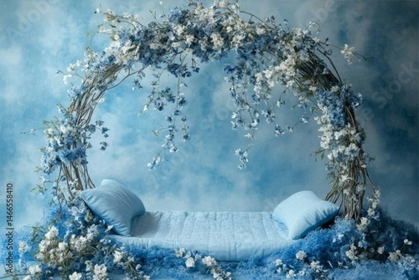 Obraz Serene Dreamscape Floral Archway Resting Space with Blue Pillows and Delicate Blossoms Aesthetic