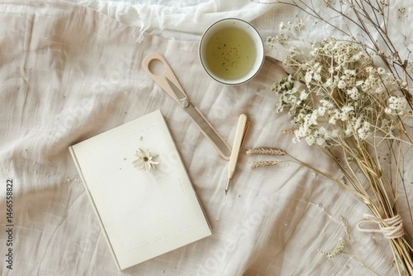 Obraz Serene Still Life Composition of Tea Cup Journal and Dried Flowers on Textured Beige Fabric