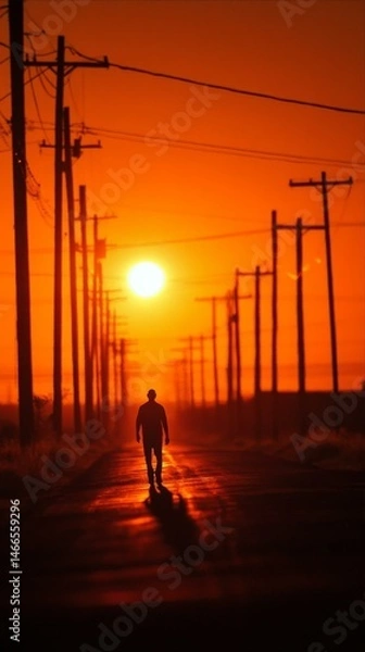 Obraz Silhouette of a Man Walking into a Sunset Between Telegraph Poles Along a Rural Road