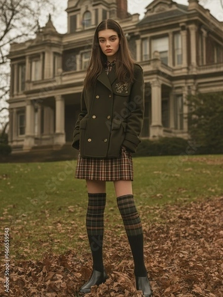 Obraz Sophisticated Woman in Tweed Skirt and Olive Coat Standing on Autumn Leaves in Front of Mansion